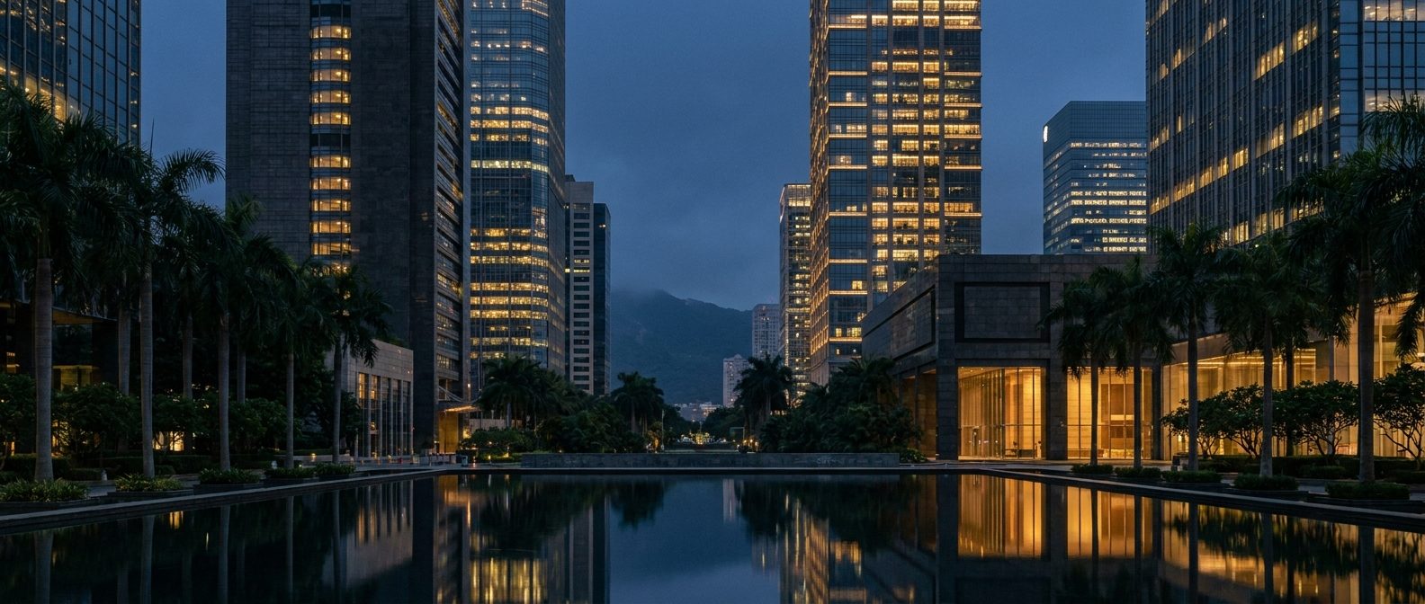 A sovereign financial district at dusk